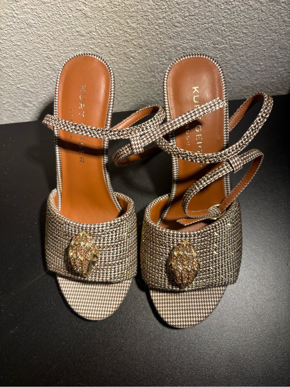 Kurt Geiger Brown and Gold Woven Embellished Strappy Heels